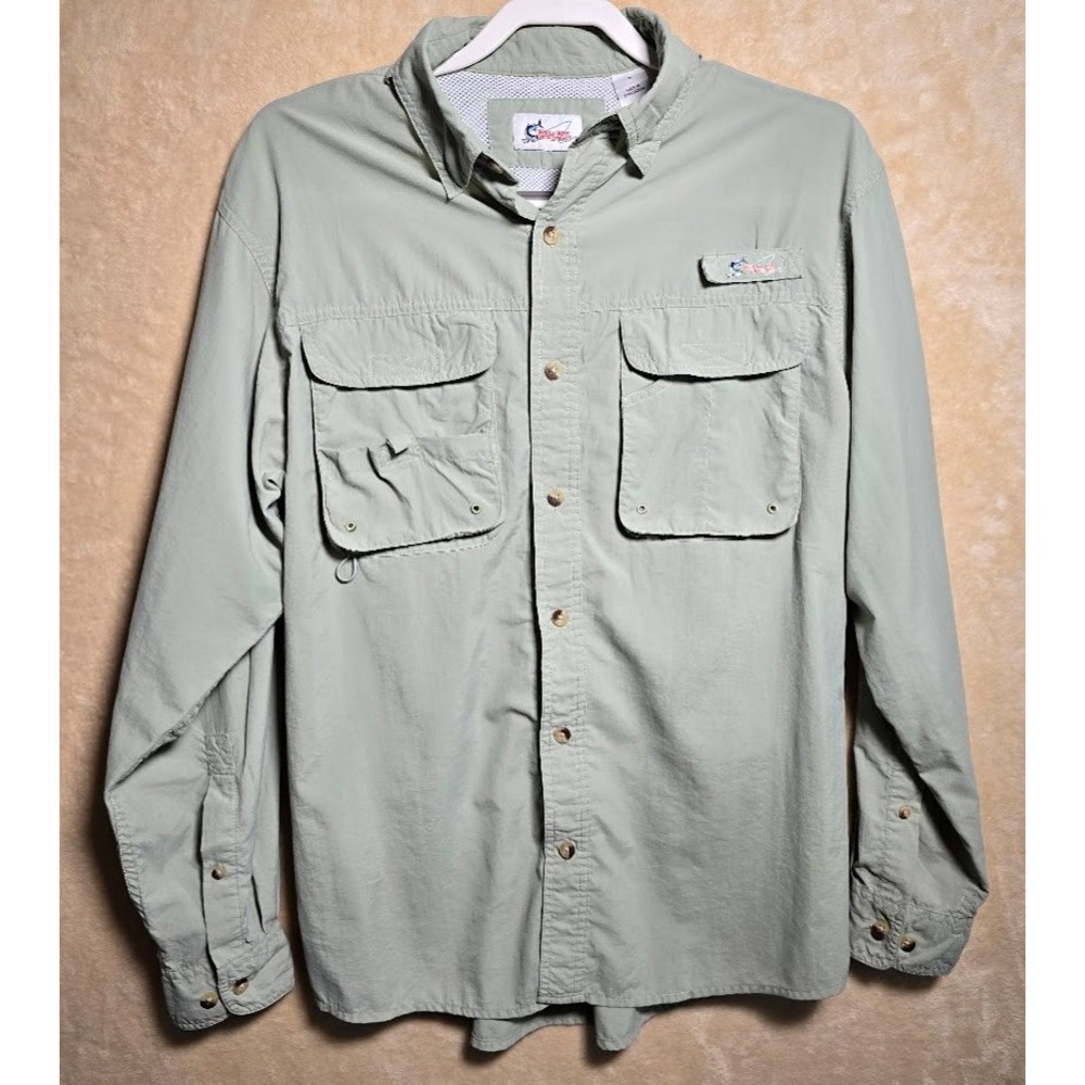 World Wide Sportsman Mens Fishing Shirt M Green Long Sleeve Vented Pockets.673